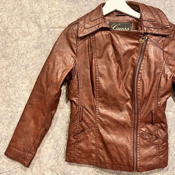 Guess Brown Moto Jacket Womens Medium Vintage Lined Zip Sleeves Pockets - Picture 3 of 15